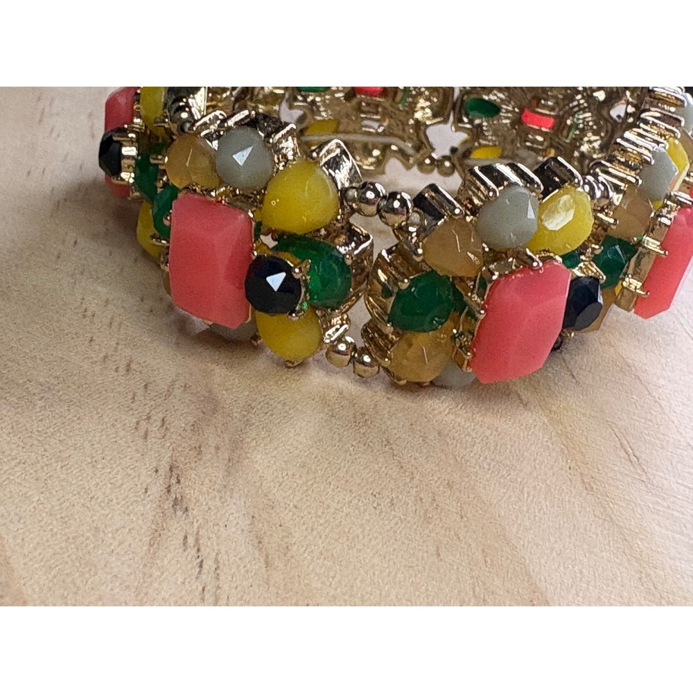 Talbots Rainbow Stone Stretch Multi Color Resin Stone Chunky Bracelet Pink Green